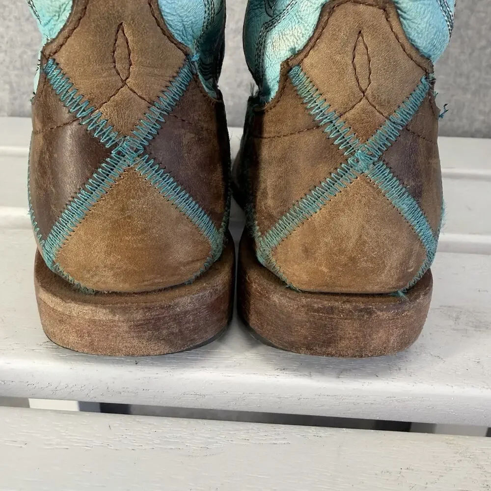 HP Western Boots Girls Size 1 Blue Brown Leather Embroidered Cowboy